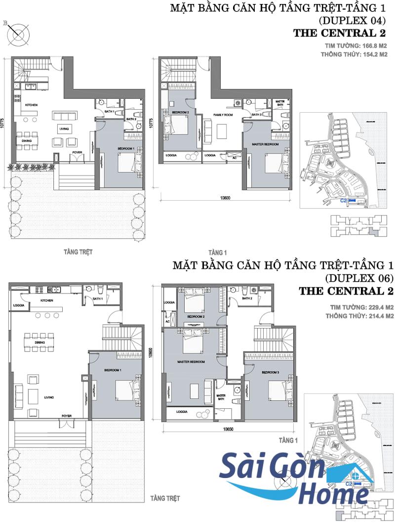 Layout Duplex căn 3 và 4 phòng ngủ Central 2