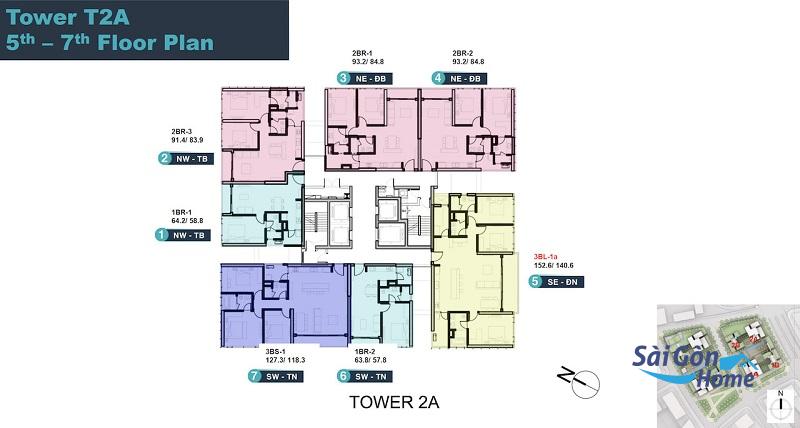 Mặt bằng tầng 5-7 tháp T2A phân khu Linden Residences dự án Empire City